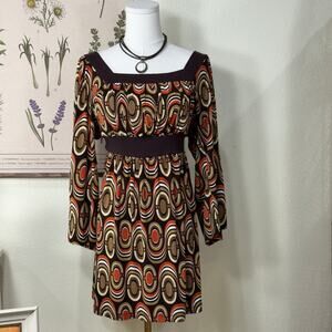 Vintage 90s Y2k Geometric Tie Back Babydoll Mini Dress Top Retro Mod Hippie M L